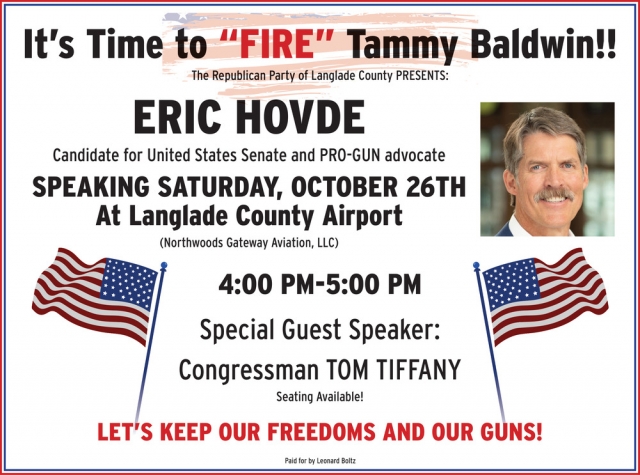 It's Time to "FIRE" Tammy Baldwin!!, Eric Hovde Speaking (October 26, 2024)