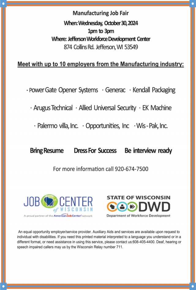 Manufacturing Job Fair, Manufacturing Job Fair (October 30, 2024)