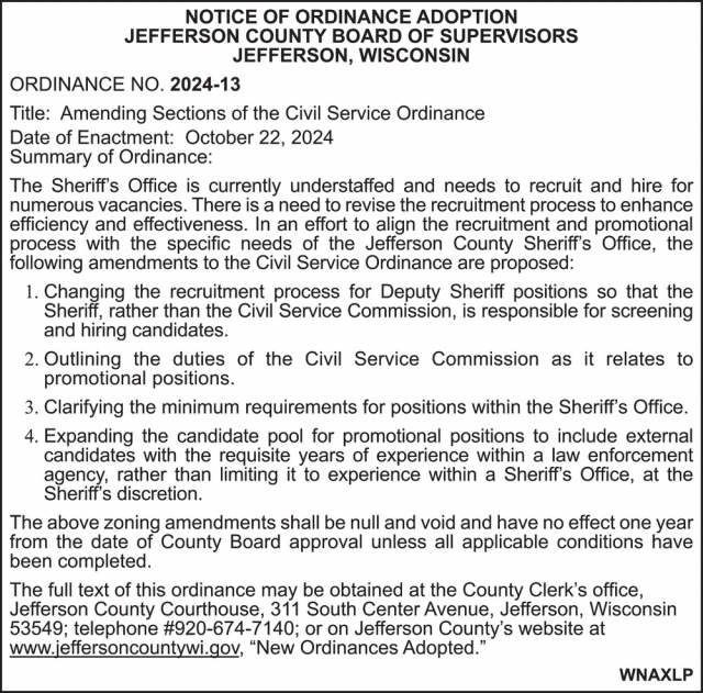 Notice of Ordinance, Jefferson County WI Government, Jefferson, WI