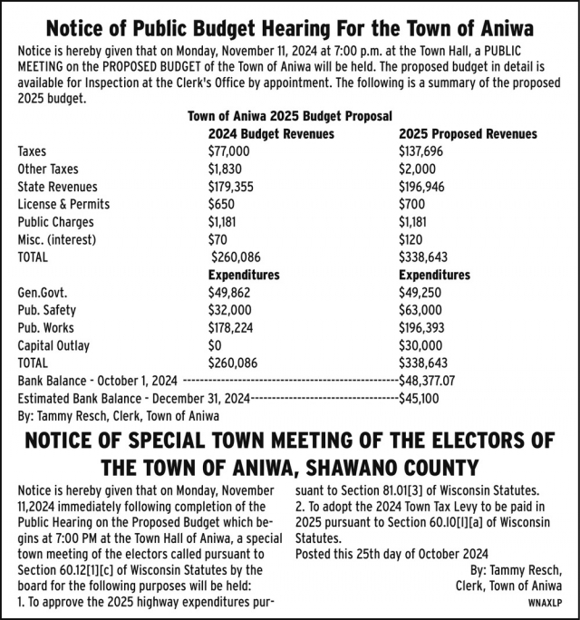 Notice of Public Budget Hearing, Town of Aniwa