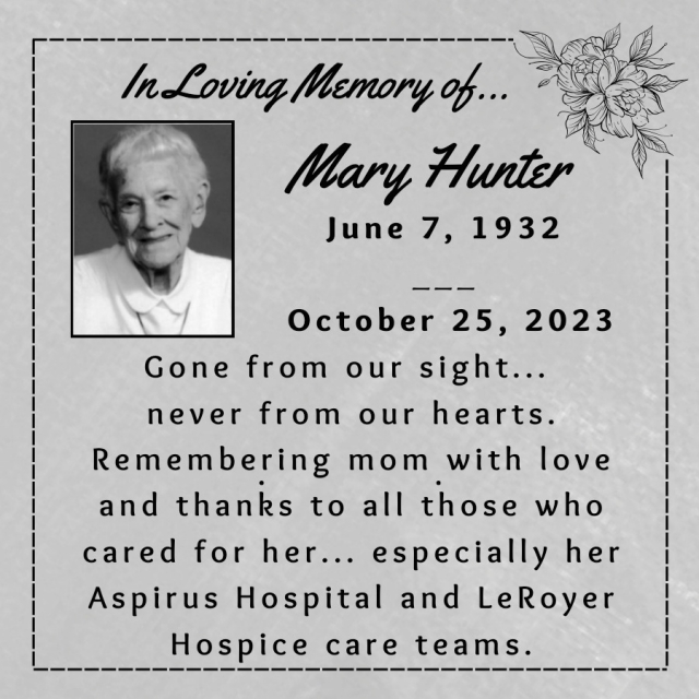 Mary Hunter, Obituaries, WI