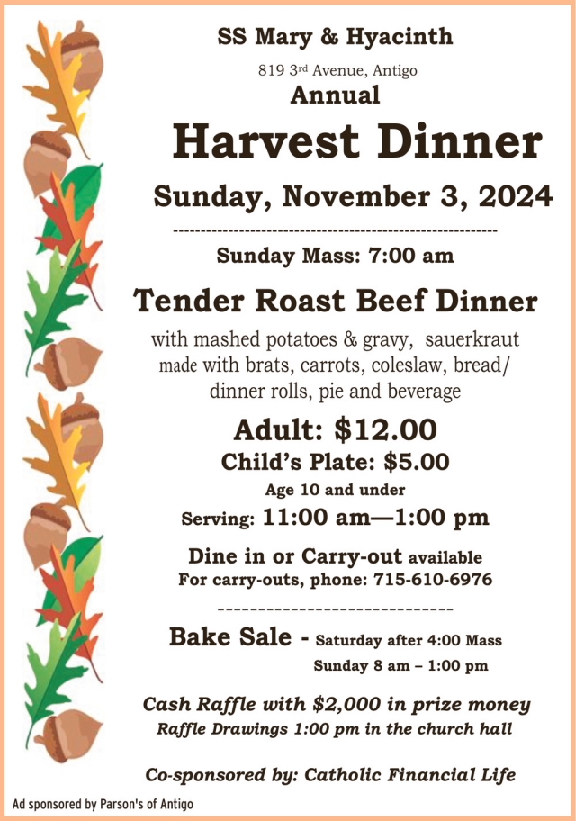 Tender Roast Beef Dinner, Annual Harvest Dinner (November 3, 2024)