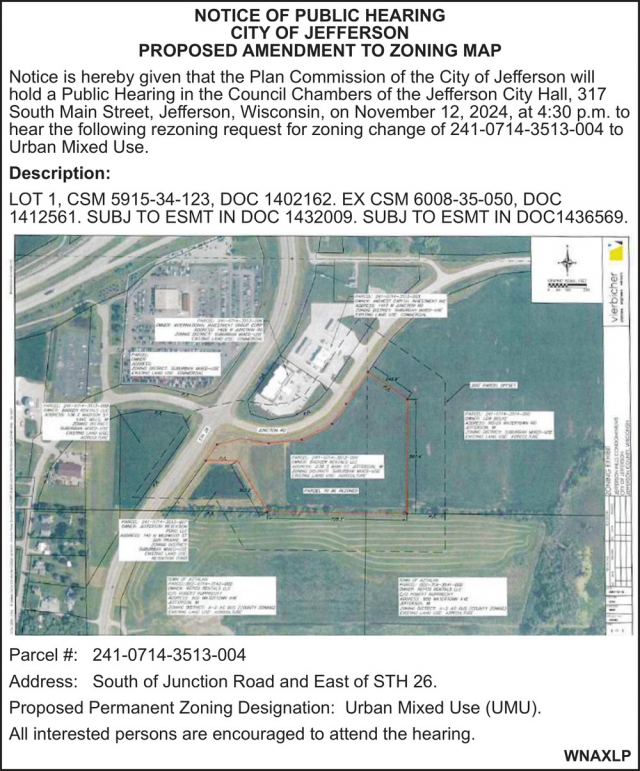 Notice of Public Hearing, City Of Jefferson, Jefferson, WI