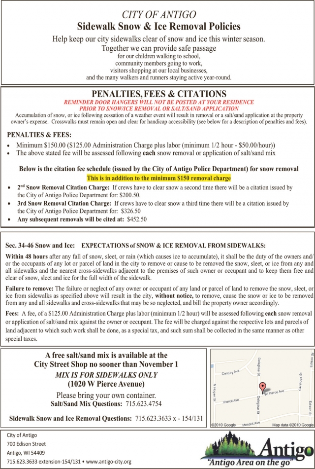 Sidewalk Snow & Ice Removal Policies, City of Antigo, Antigo, WI