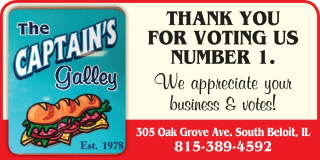 Thank You for Voting Us Number 1, The Captain's Galley, South Beloit, IL