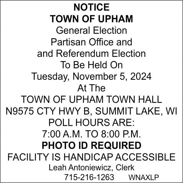 Notice, Town of Upham, Summit Lake, WI