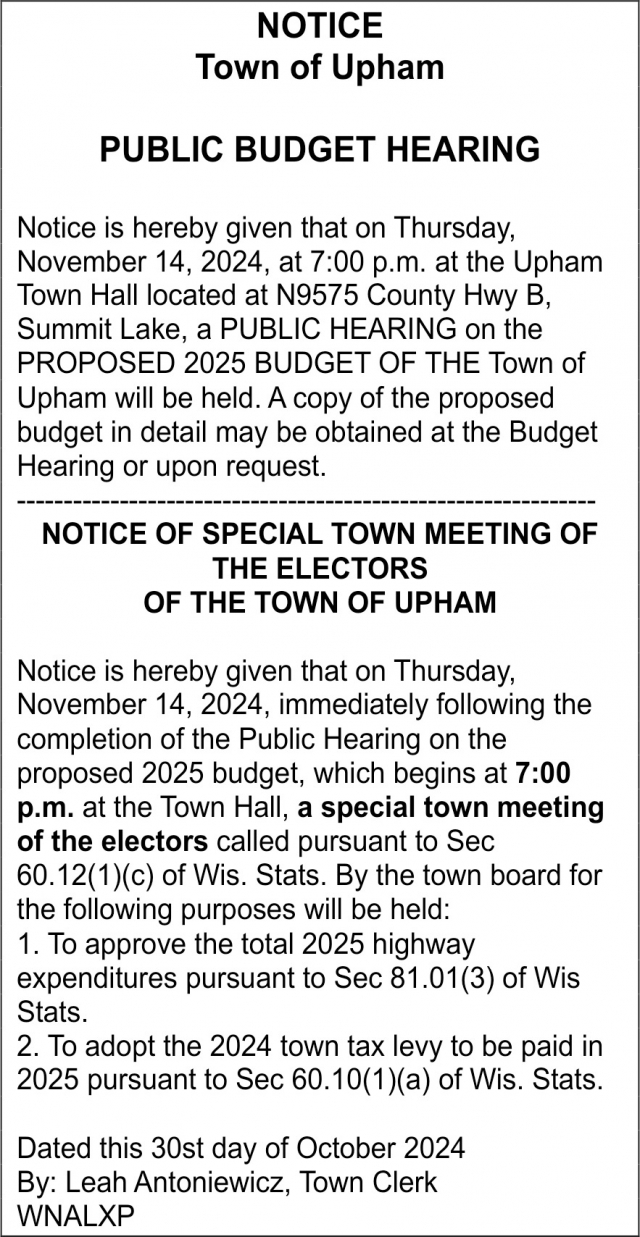 Notice, Town of Upham, Summit Lake, WI