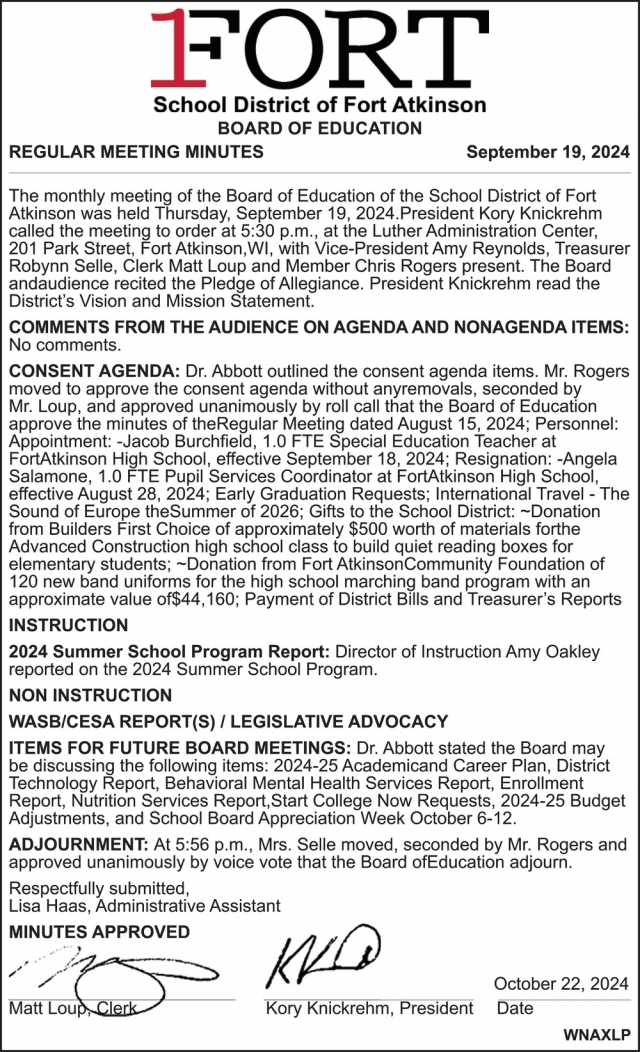 Regular Meeting Minutes, School District of Fort Atkinson, Fort Atkinson, WI