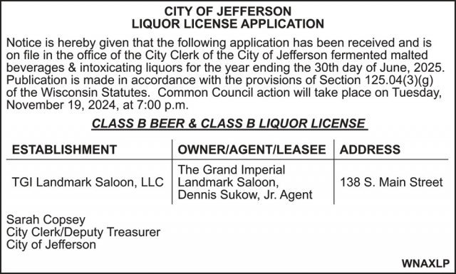 Liquor License Application, City Of Jefferson, Jefferson, WI