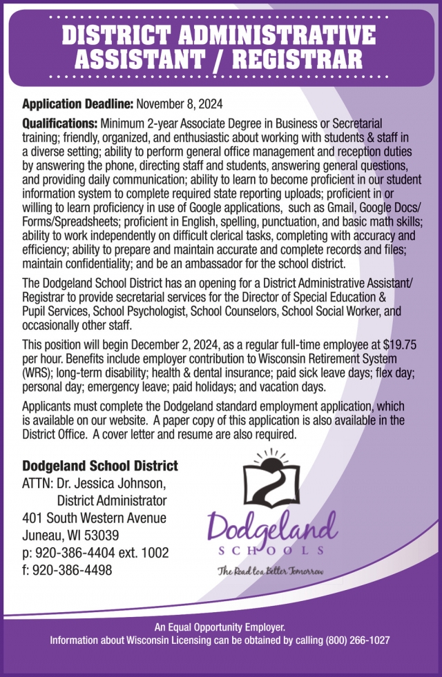 District Administrative Assistant / Registrar, Dodgeland School District