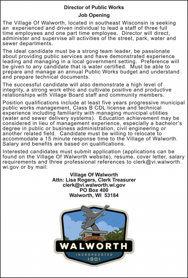 Director of Public Works, Village of Walworth