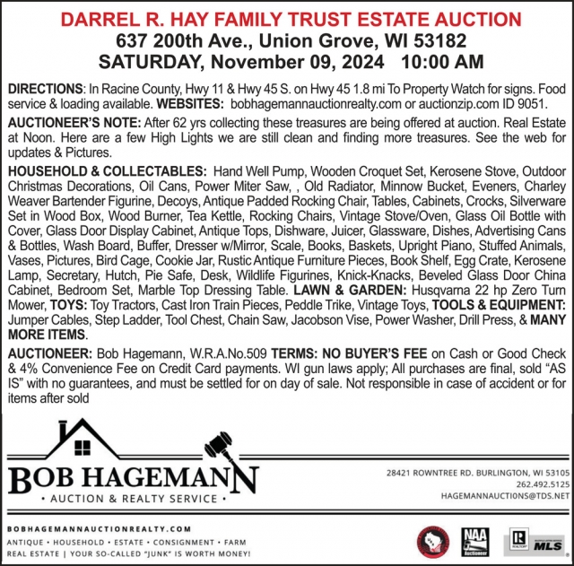 Darrel R. Hay Family Trust Estate Auction, Bob Hagemann Auction & Realty Service, Burlington, WI