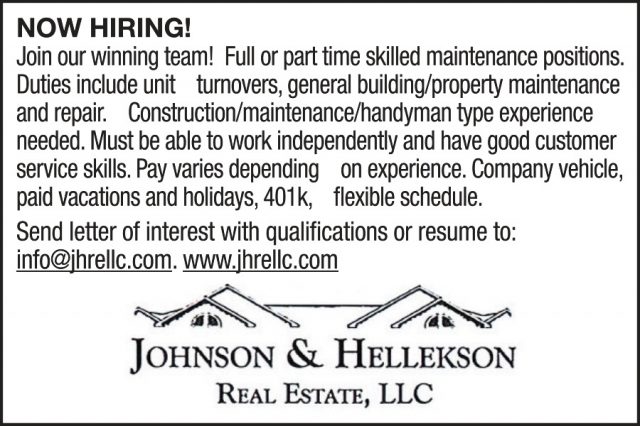 Maintenance Positions, Johnson & Hellekson Real Estate, LLC, Watertown, WI