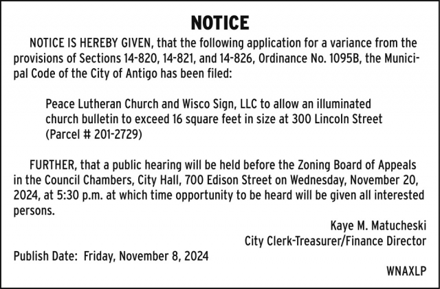 Notice, City of Antigo, Antigo, WI