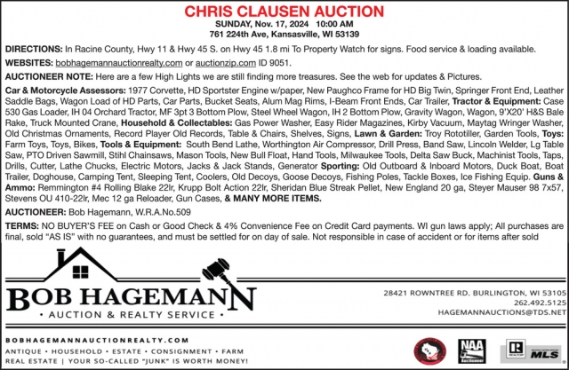 Chris Clausen Auction, Bob Hagemann Auction & Realty Service, Burlington, WI