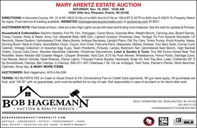 Mary Arentz Estate Auction, Bob Hagemann Auction & Realty Service, Burlington, WI