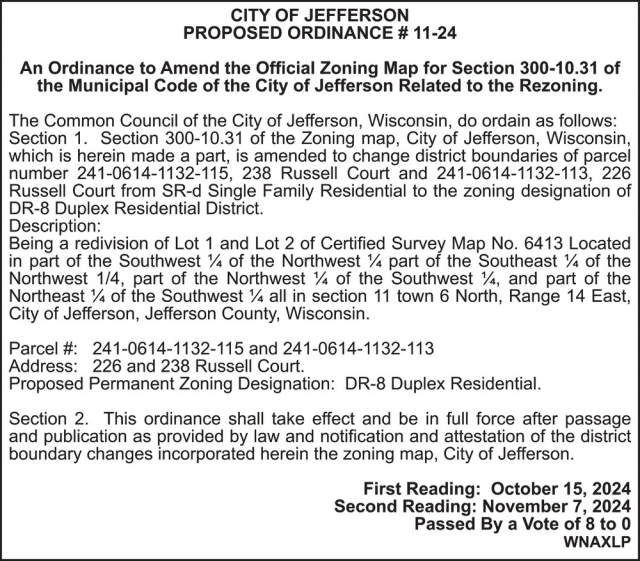 Proposed Ordinance # 11-24, City Of Jefferson, Jefferson, WI