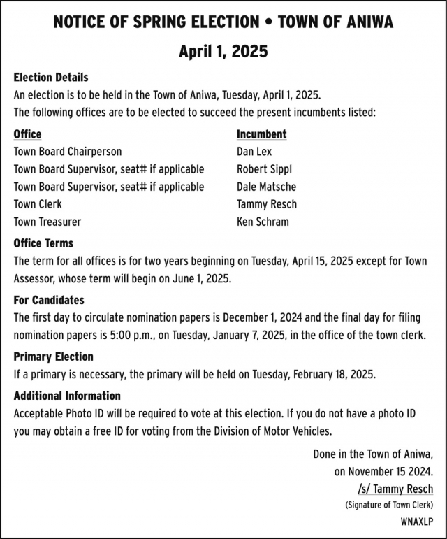 Notice of Spring Election, Town of Aniwa, Aniwa, WI