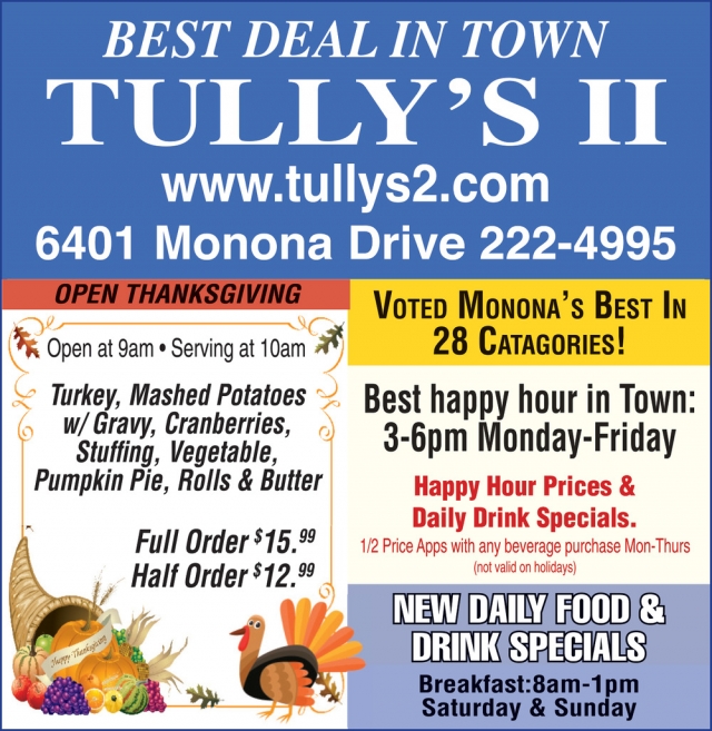 Best Happy Hour in Town, Tully's II Food & Spirits, Monona, WI