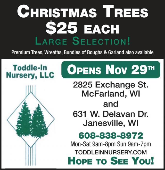 Christmas Trees $25 Each, Toddle-In Nursery, LLC, Mcfarland, WI