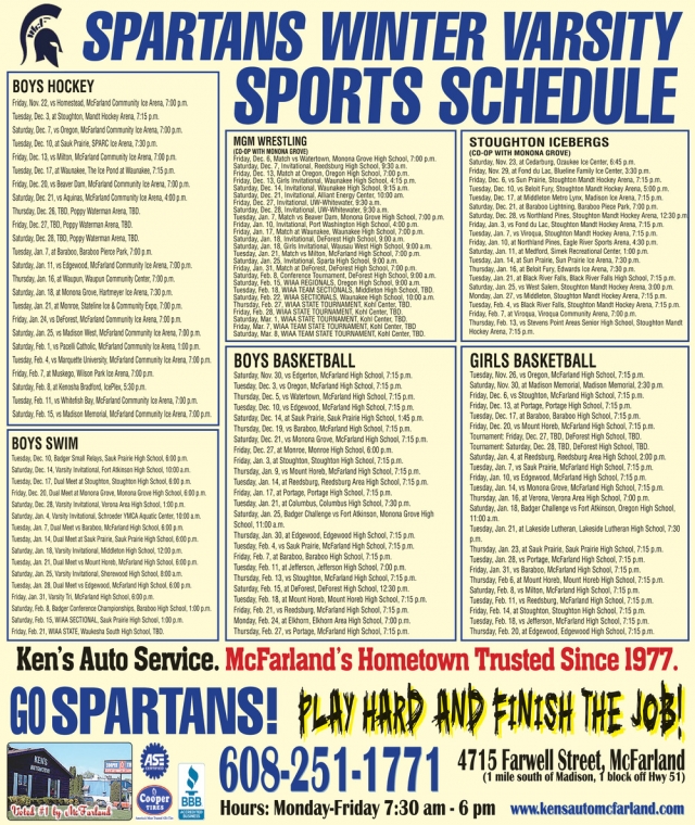 Spartans Winter Varsity Sports Schedule, Ken's Automotive Services, Mcfarland, WI