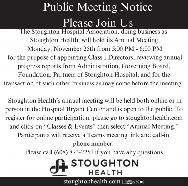 Public Meeting Notice, Stoughton Health, Stoughton, WI