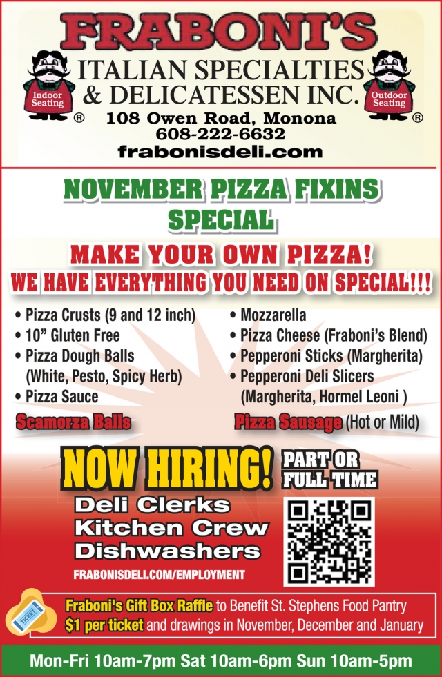 November Pizza Fixins Special, Fraboni's Italian Specialties & Delicatessen, Inc, Madison, WI