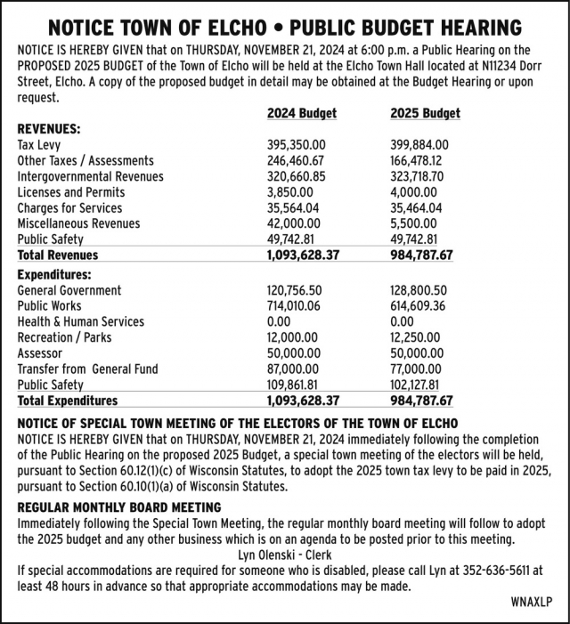 Notice, Town Of Elcho, Elcho, WI