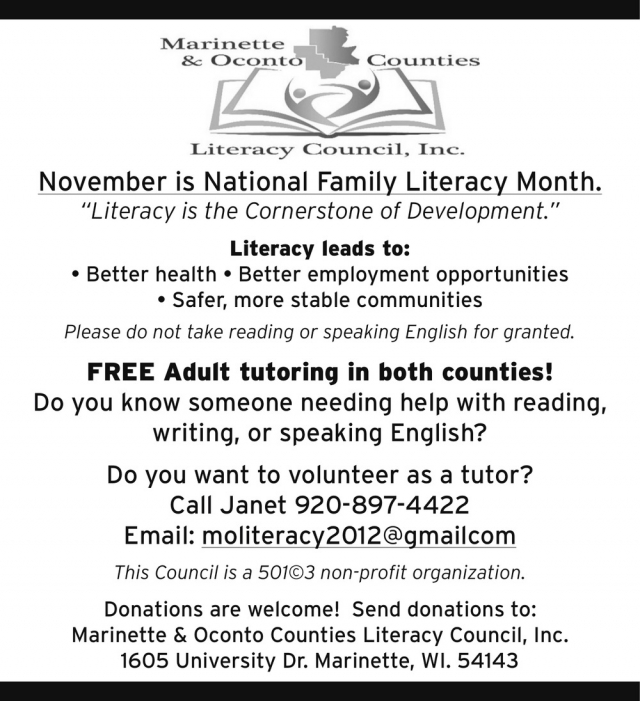 November is National Family Literacy Month., Marinette & Oconto Counties Literacy Council, Inc.