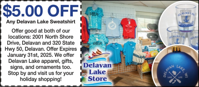 $5.00 OFF Any Delavan Lake Sweatshirt, Delavan Lake Store, Delavan, WI