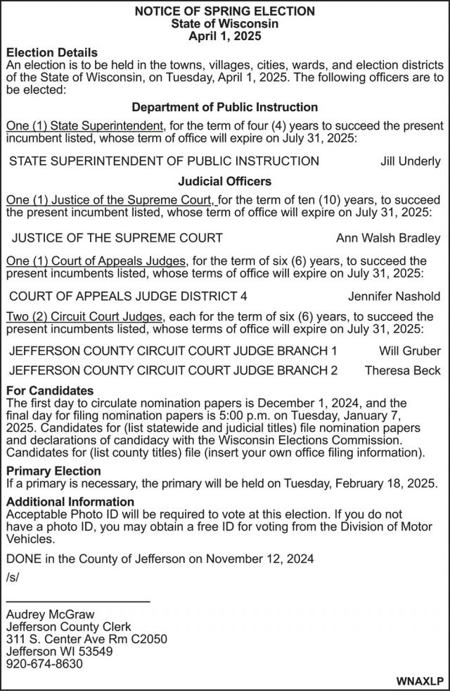 Notice of Spring Election, Audrey McGraw - Jefferson County, Jefferson, WI