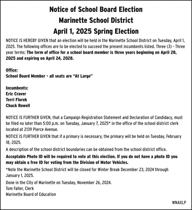 Notice of School Board Election, Marinette School District, Marinette, WI