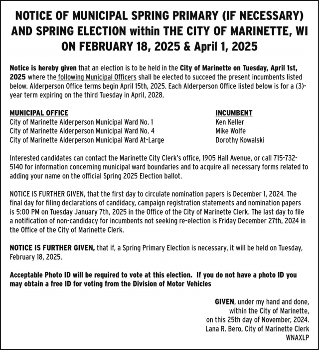 Notice of Municipal Spring Primary and Spring Election, City of Marinette, Marinette, WI