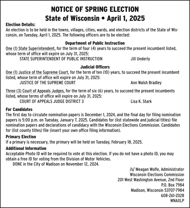 Notice of Spring Election, State of Wisconsin Elections Commission, Madison, WI