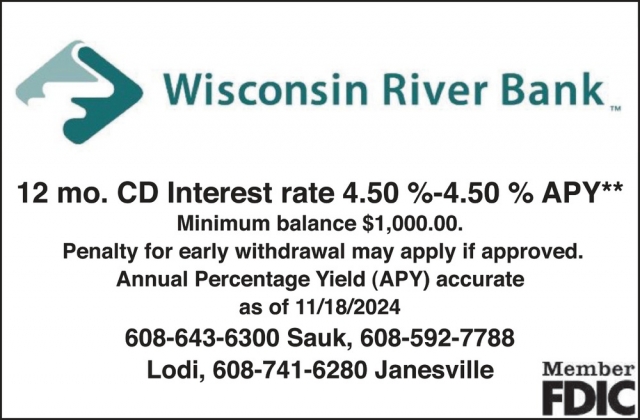 12 mo. CD Interest Rate 4.50%-4.50% % APY, Wisconsin River Bank, Sauk City, WI