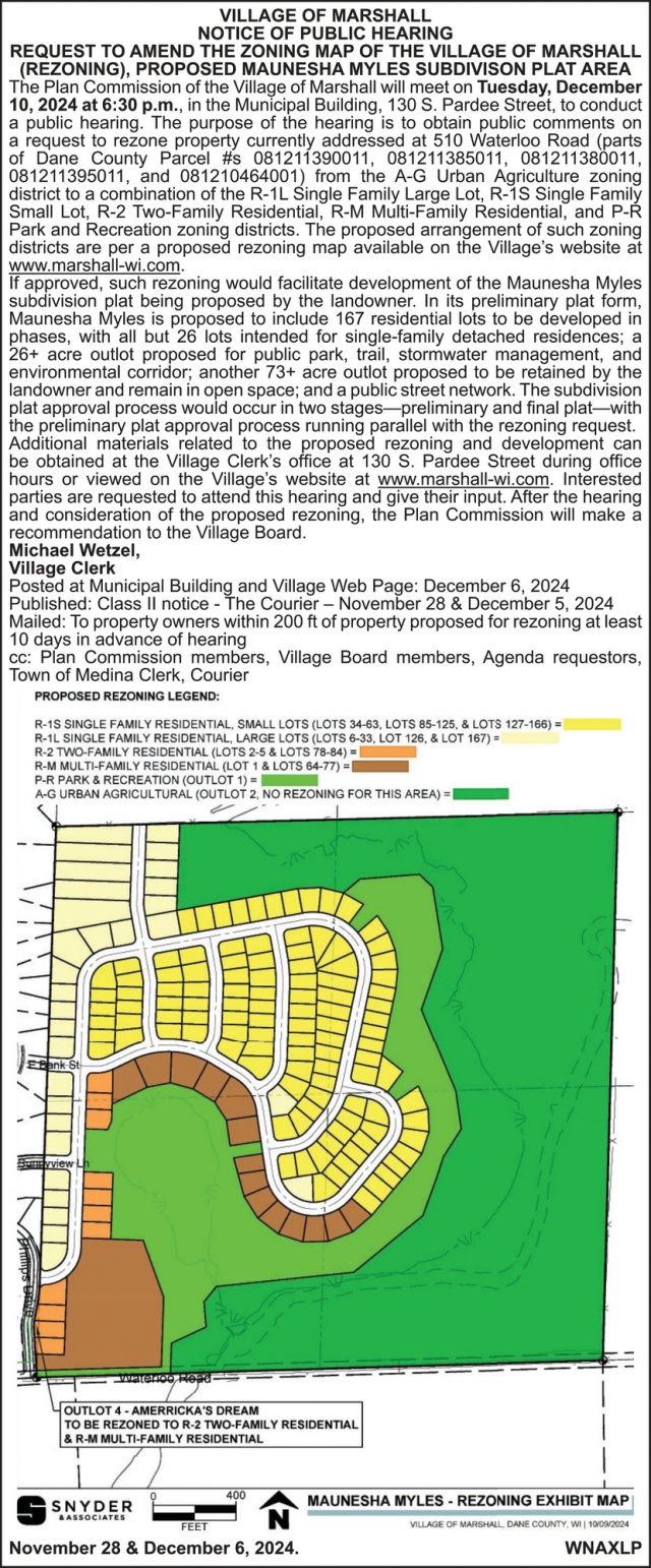 Notice of Public Hearing, Village of Marshall, Marshall, WI