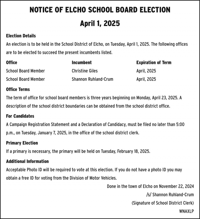 Notice of Elcho School Board Election, Elcho School District, Elcho, WI