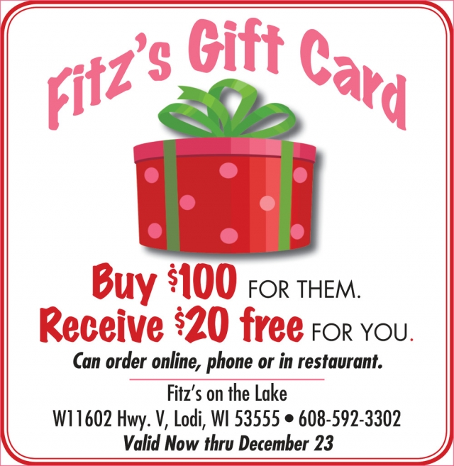 Can Order Online, Phone or In Restaurant, Fitz's On The Lake, Lodi, WI