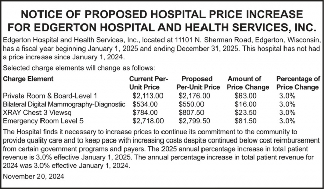 Notice of Proposed Hospital Price Increase for Edgerton Hospital and Health Services, Inc, Edgerton Hospital & Health Services