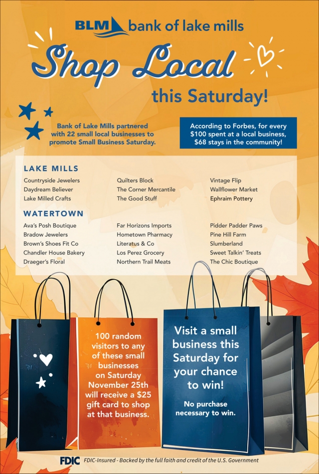 Shop Local this Saturday!, Bank of Lake Mills, Lake Mills, WI