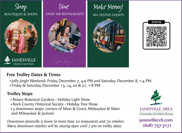 Free Trolley Dates & Times, Janesville Area Convention & Visitors Bureau, Janesville, WI