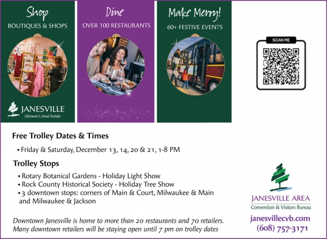 Free Trolley Dates & Times, Janesville Area Convention & Visitors Bureau, Janesville, WI