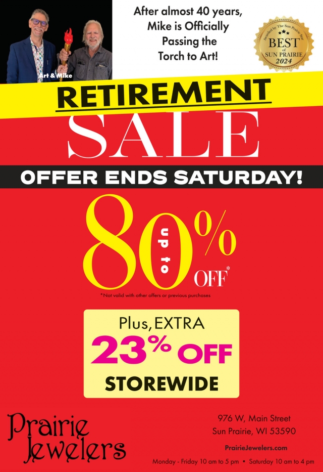 Retirement Sale, Prairie Jewelers, Sun Prairie, WI