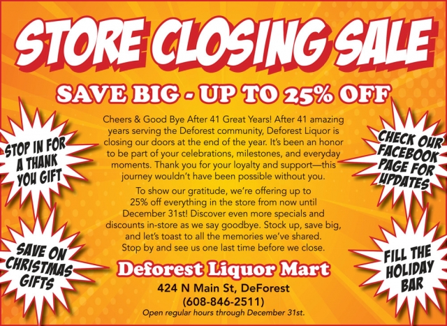 Store Closing Sale, DeForest Liquor Mart, De Forest, WI