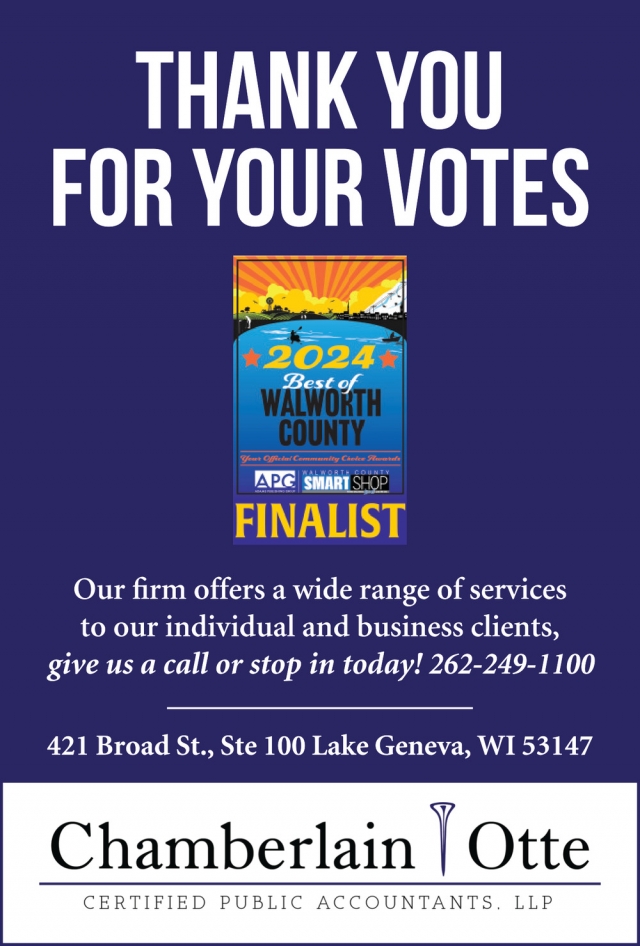 Thank You for Your Votes, Chamberlain & Otte Certified Public Accountants LLP, Lake Geneva, WI