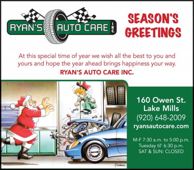 Season's Greetings, Ryan's Auto Care, Inc., Lake Mills, WI