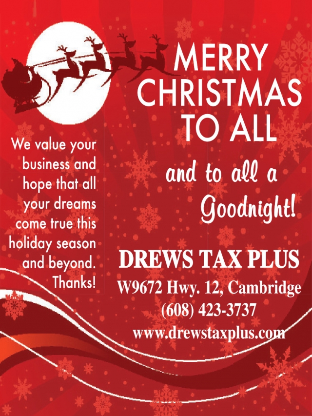 Merry Christmas to All, Drews Tax Plus, Cambridge, WI