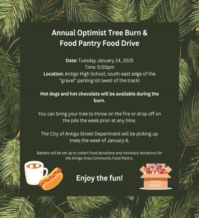 Food Drive, Annual Optimist Tree Burn & Food Pantry Food Drive (January 14, 2025