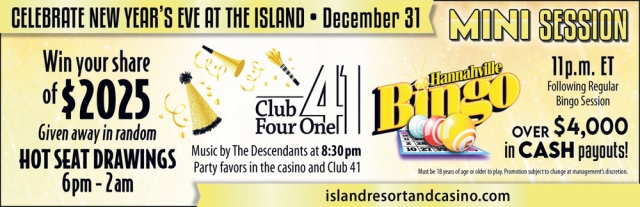 Celebrate New Year's Eve at The Island, Island Resort & Casino, Harris, MI