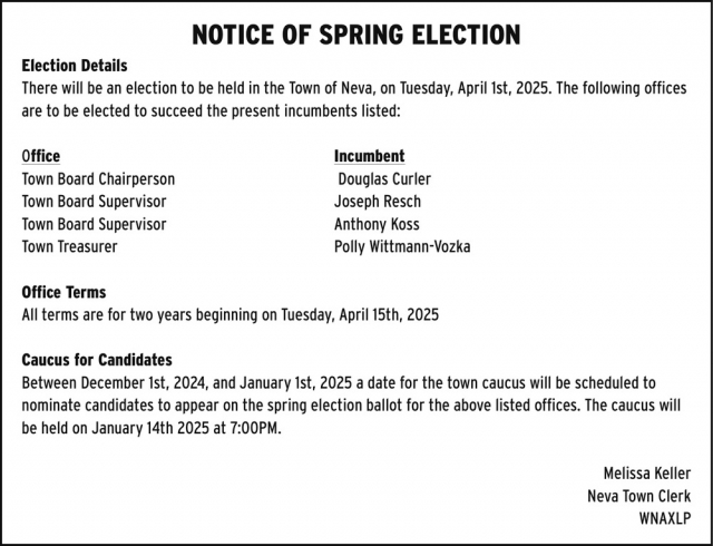 Notice of Spring Election, Town of Neva